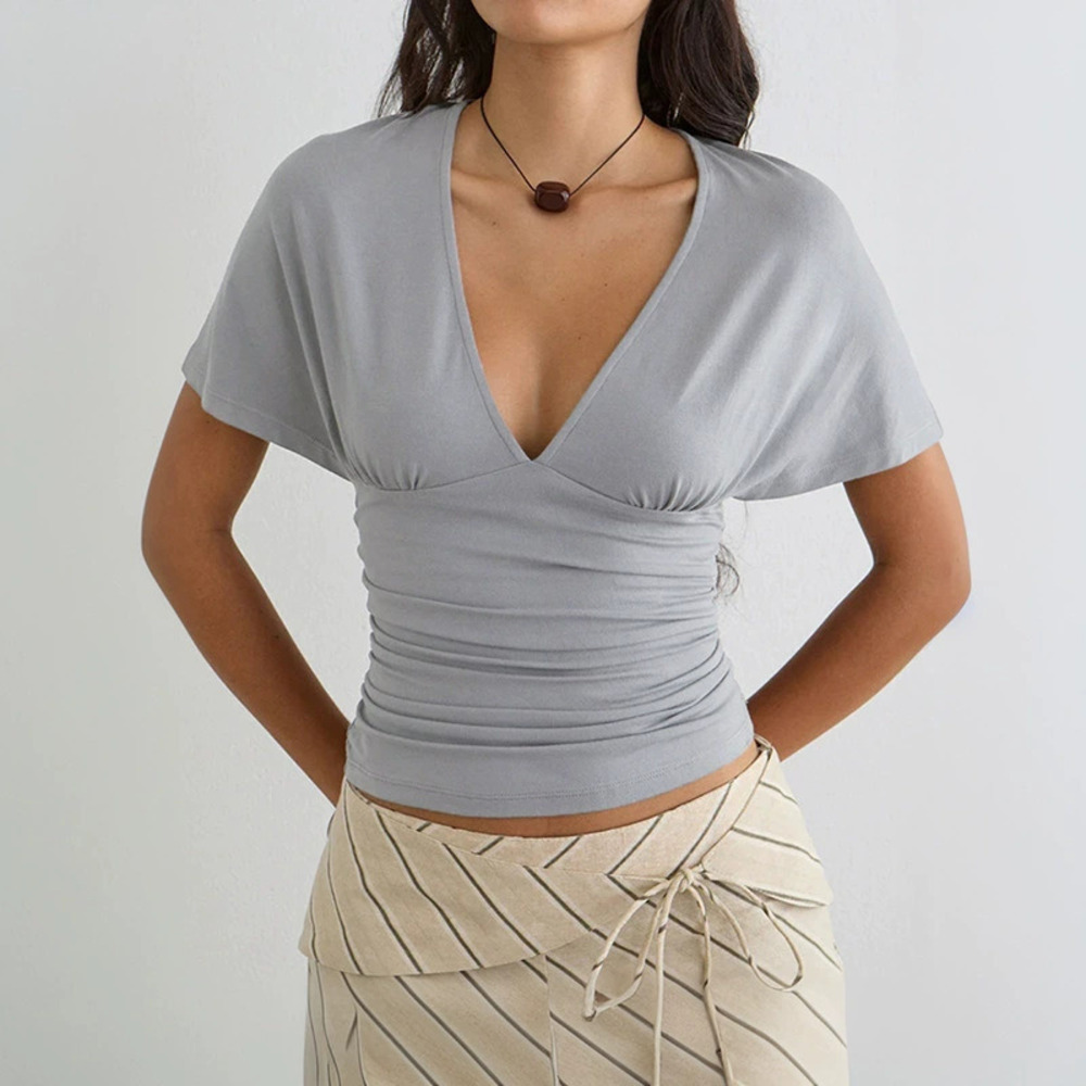 Zara Spring Summer Solid Color Dark Batwing Sleeve Fitted Short Sleeve Top